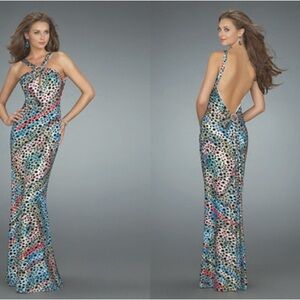 La Femme Vibrant Polka Dot Maxi Dress fits like a 4/6 but is a size 2